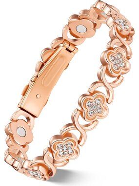 Women's Rose Gold Sparkling Clover Copper Magnetic Bracelet Jewelry